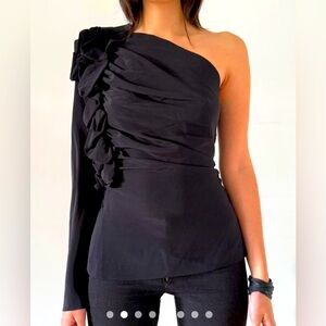 Robert Rodriguez Black One Shoulder Ruffle Silk Top
